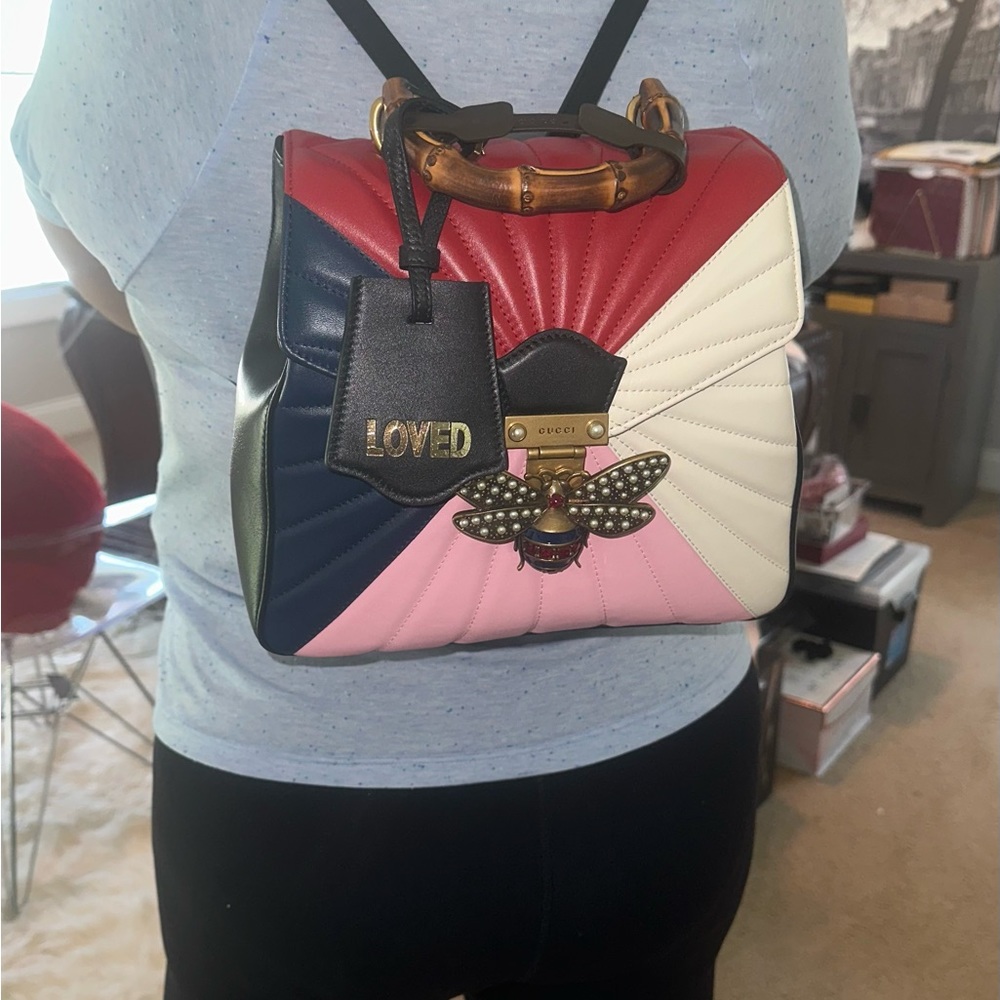 Authentic GUCCI - Queen Margaret Bee Bamboo Top Handle Quilted Leather Backpack - Picture 11 of 12